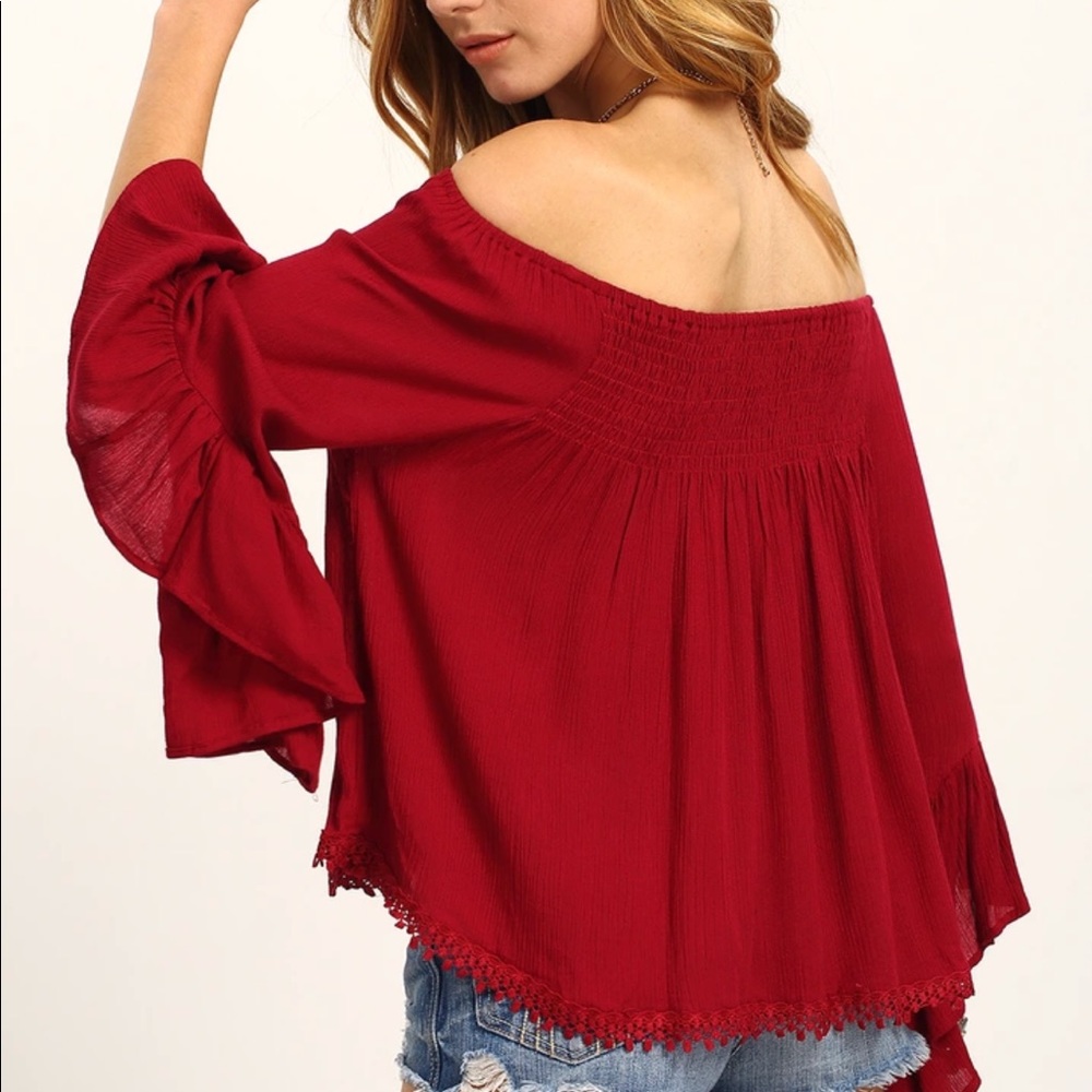 Bohemian off shoulder red chiffon blouse top - Picture 3 of 5